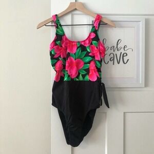 VINTAGE SEA FAIR Floral Side Tie One Piece Swim Swimsuit USA Pink Black